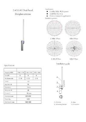 2.4G/5.8G 듀얼 밴드 WiFi 안테나 9dBi 고이득 실외 유리 섬유 통신 안테나